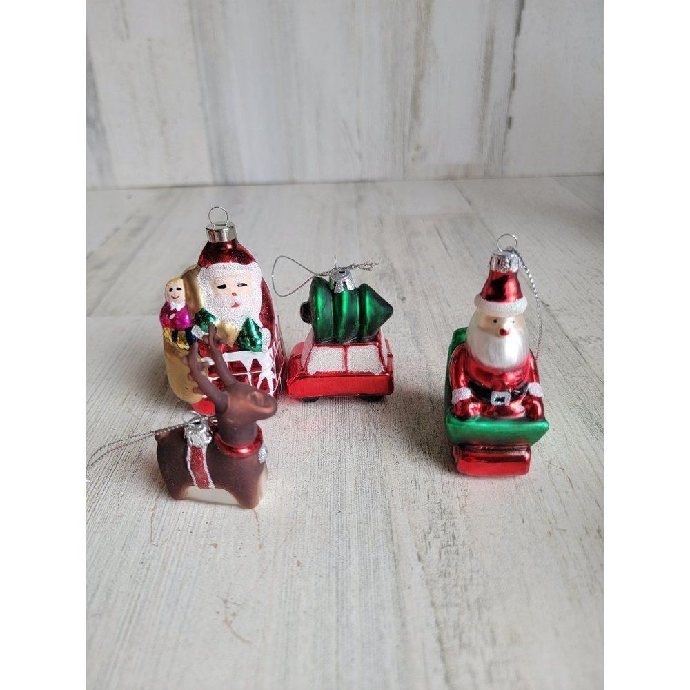 Blown glass Santa Claus chimney red card tree reindeer sleigh set ornament Xmas